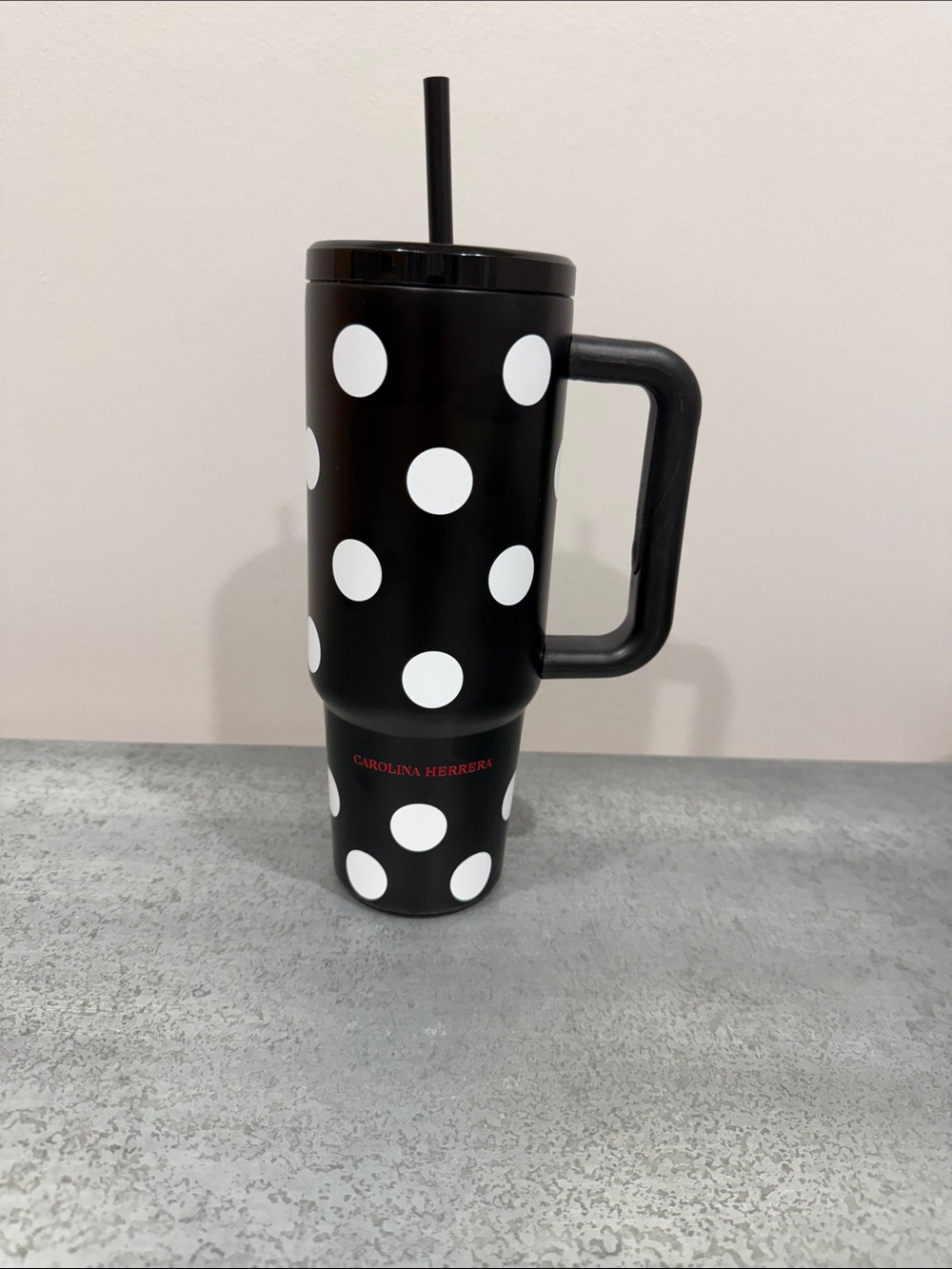 Carolina Herrera Black and White Polka Dot Travel Tumbler. New/ Unused